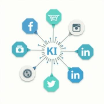 Illustration eines vernetzten Social-Media-Netzwerks mit Symbolen für Facebook, Instagram, TikTok, LinkedIn, BeReal und Mastodon, verbunden durch Datenlinien, in der Mitte ein KI-Symbol – Darstellung für moderne Social-Media-Strategien mit künstlicher Intelligenz.